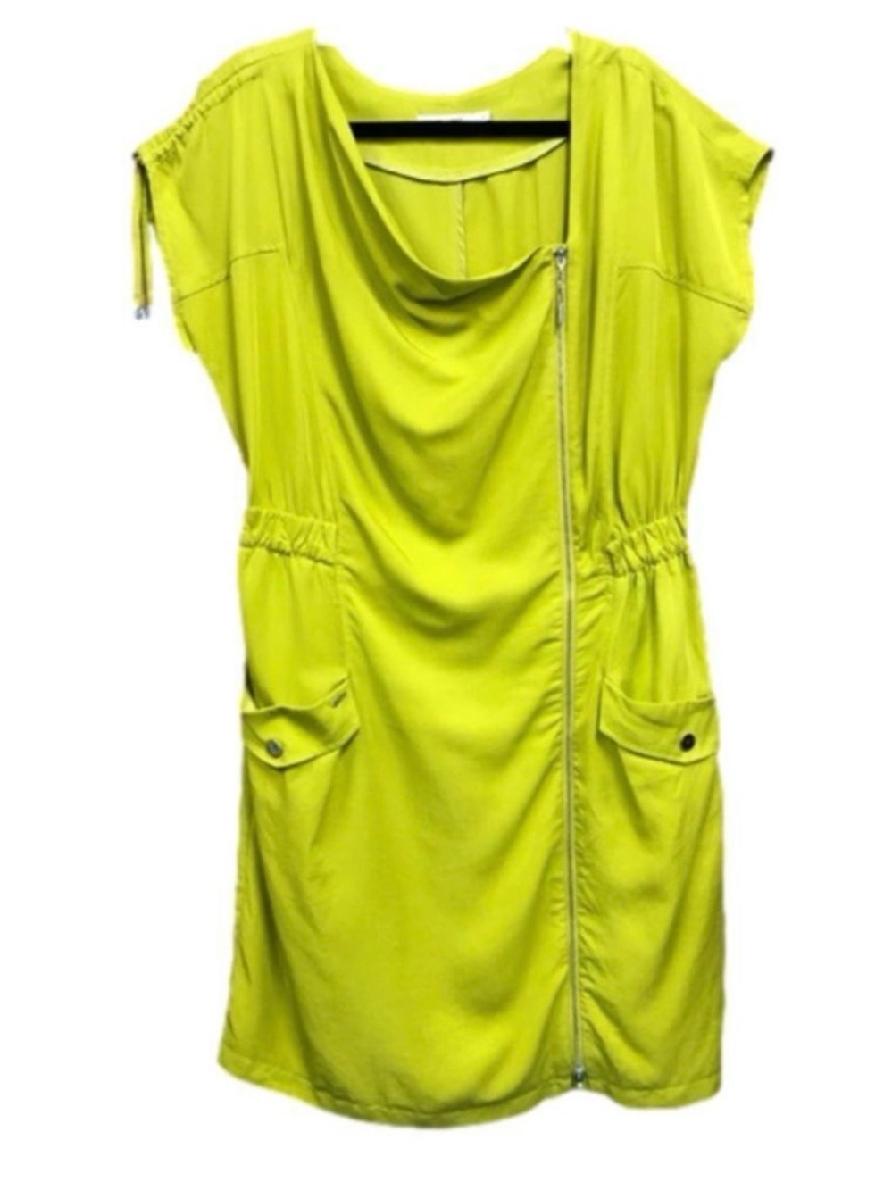 Monnari lime tencel asymmetrical ruched zip Lagenlook dress Fits 14ish